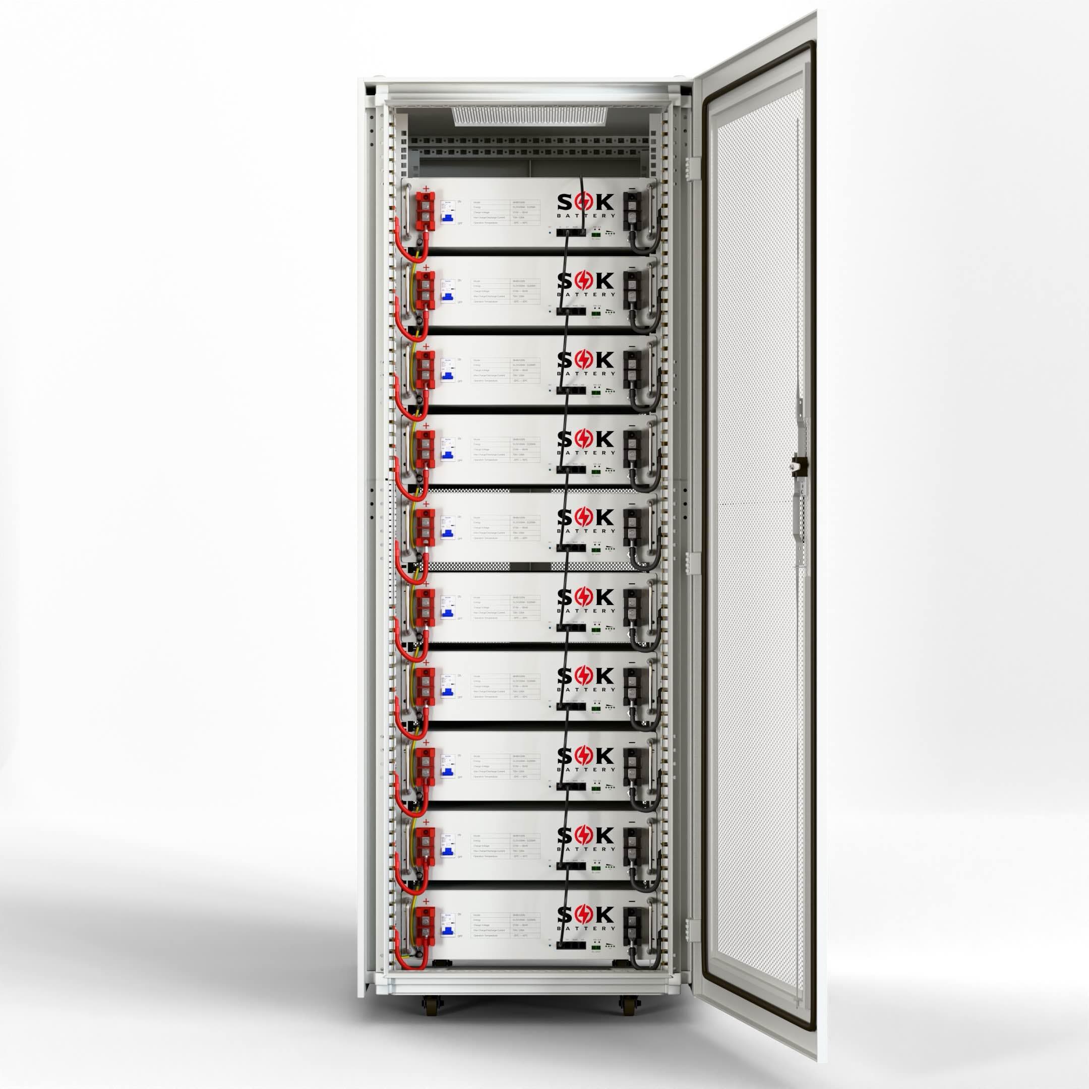 SOK indoor battery cabinet with the door open, holding ten 48V 5kWh rack batteries