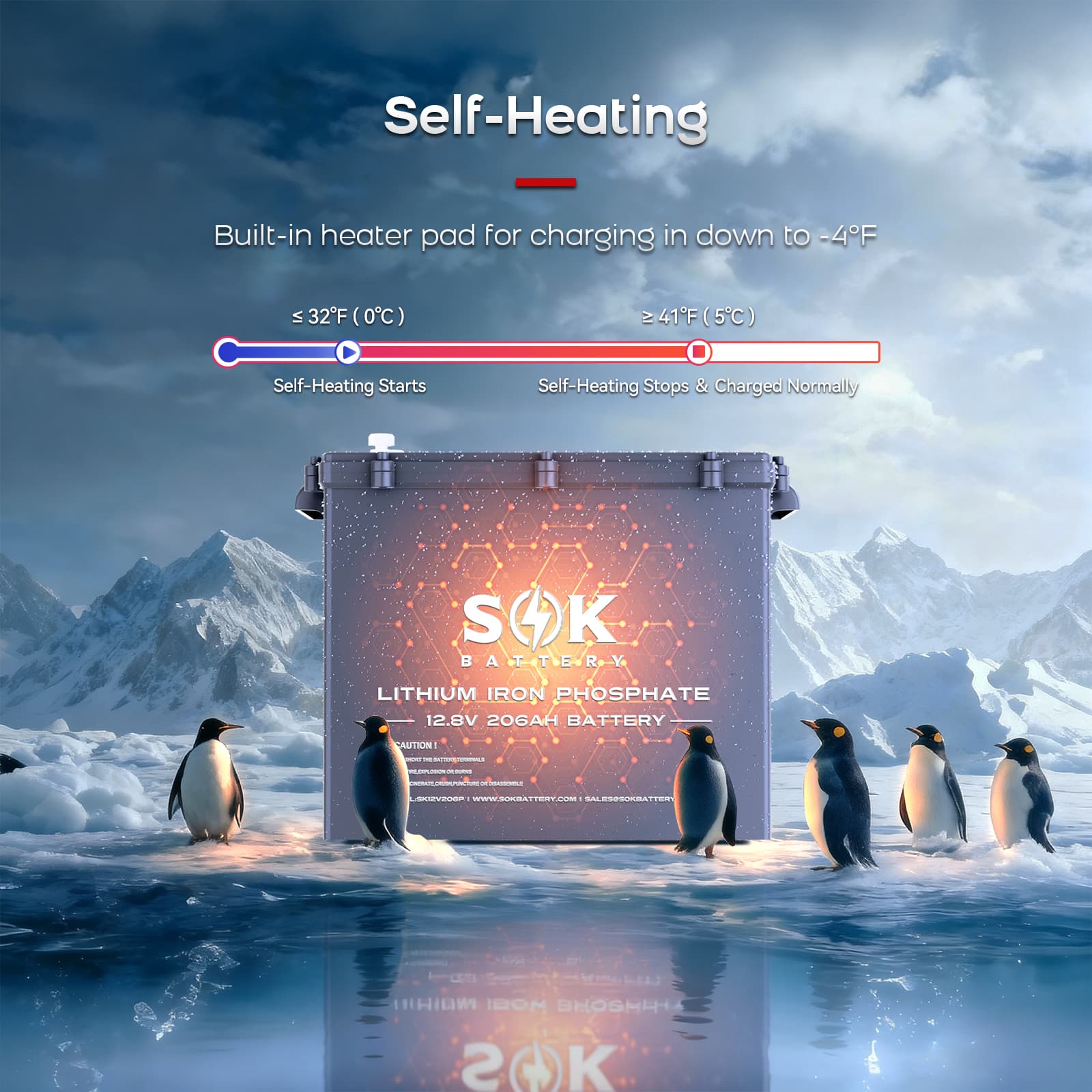 SOK 12V 206Ah LiFePO4 battery with built-in self-heating, which starts heating at 0°C and charges normally from 5°C