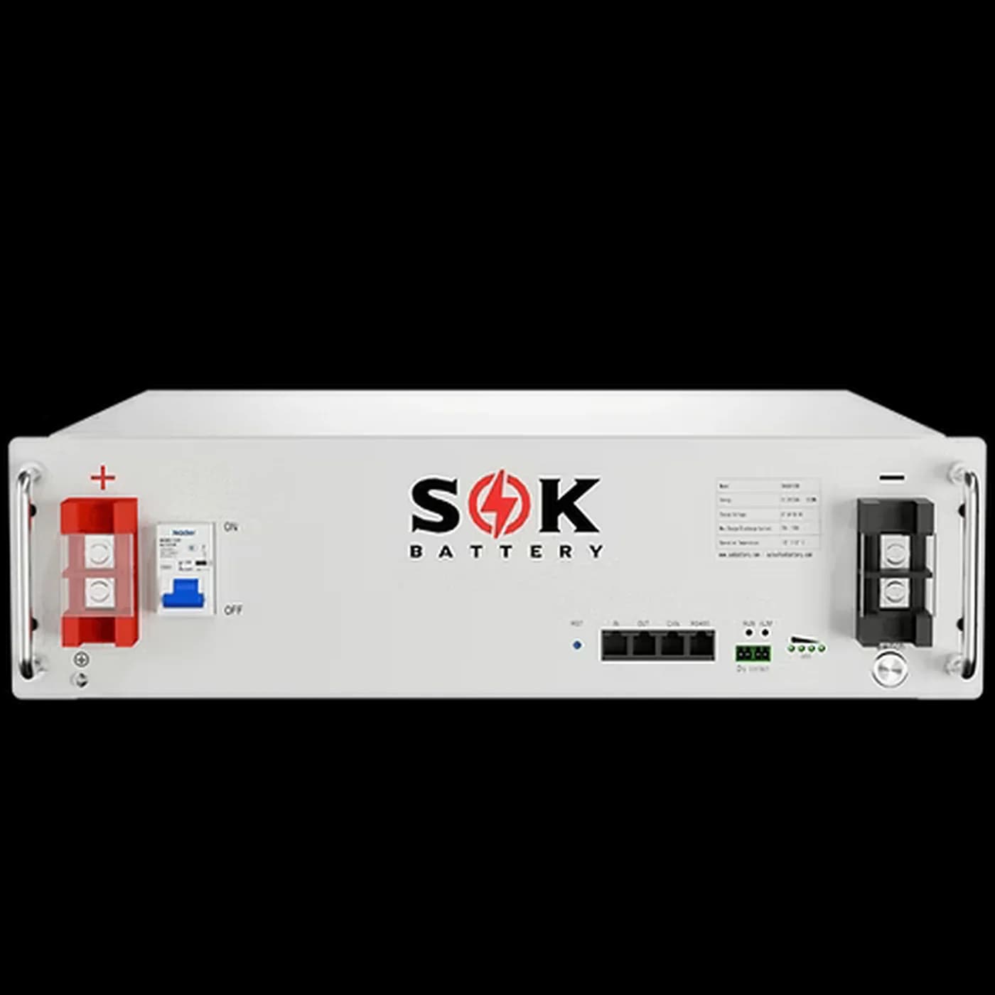 SOK 48V 100Ah 5kWh LiFePO4 rack battery, front view