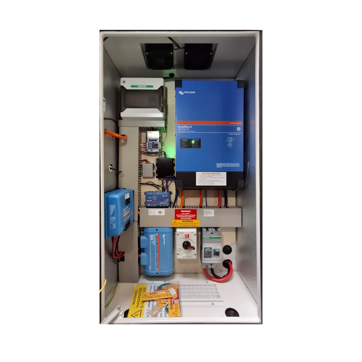 Energy Hub interior with Victron MultiPlus-II inverter and components