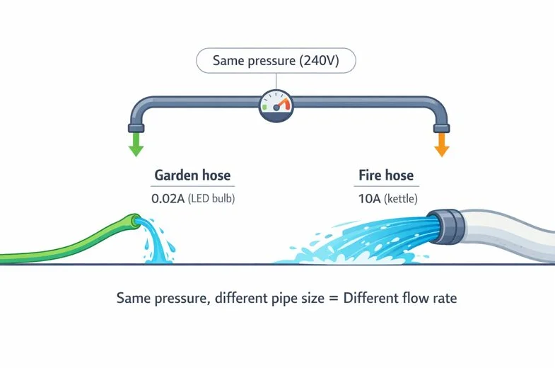 A garden hose and a fire hose on the same water pressure, showing different flow rates like an LED bulb and a kettle