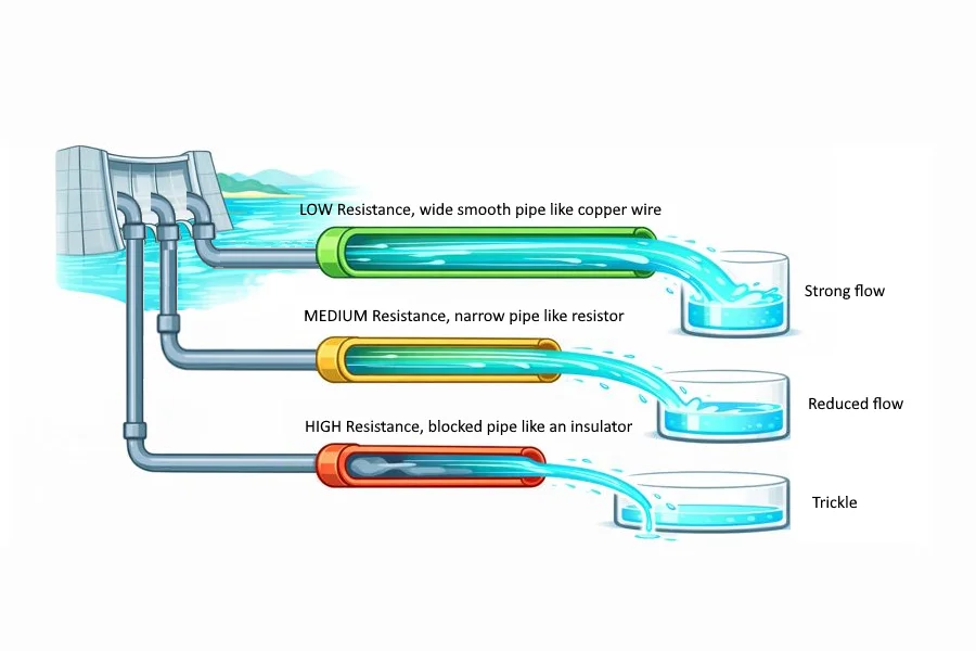 Low, medium and high resistance pipes from a dam, giving strong flow, reduced flow and a trickle