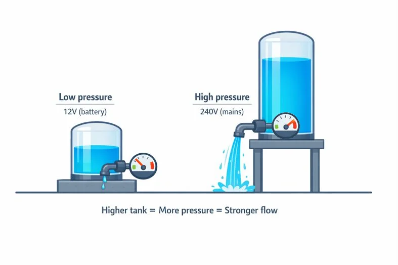 A low water tank with a weak trickle next to a tall tank on a stand with a strong flow, showing that higher pressure means stronger flow
